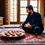 A male traveler in modest, appropriate clothing, seated on a beautiful Persian carpet within a traditional Iranian home, engaged in a warm conversation with a local Iranian family. They are sharing tea and a tray of delicious local sweets. The room is decorated with intricate traditional patterns and bathed in soft, inviting light. The scene captures a moment of genuine hospitality and cultural exchange, highlighting human connection. safe for work, appropriate content, fully clothed, modest clothing, family-friendly, perfect anatomy, correct proportions, natural pose, well-formed hands, proper finger count, natural body proportions, professional photography, high quality.