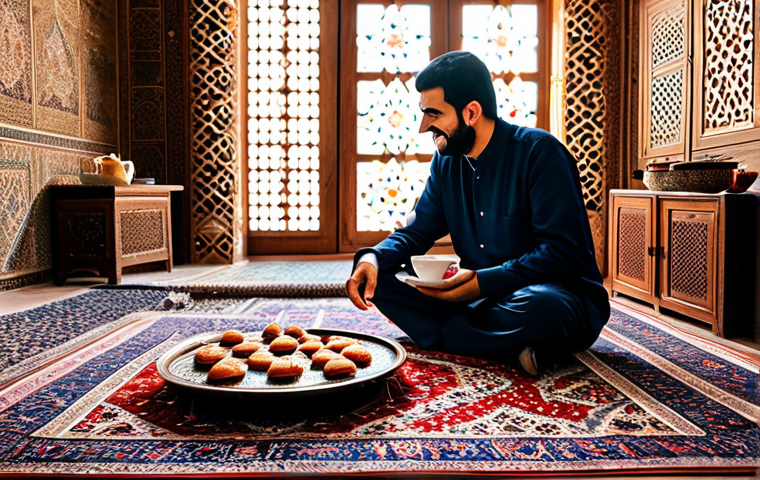 A male traveler in modest, appropriate clothing, seated on a beautiful Persian carpet within a traditional Iranian home, engaged in a warm conversation with a local Iranian family. They are sharing tea and a tray of delicious local sweets. The room is decorated with intricate traditional patterns and bathed in soft, inviting light. The scene captures a moment of genuine hospitality and cultural exchange, highlighting human connection. safe for work, appropriate content, fully clothed, modest clothing, family-friendly, perfect anatomy, correct proportions, natural pose, well-formed hands, proper finger count, natural body proportions, professional photography, high quality.